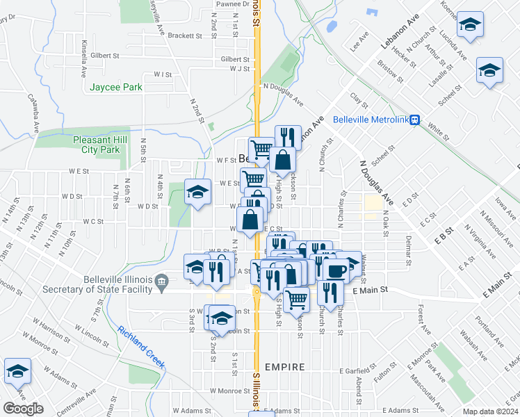 map of restaurants, bars, coffee shops, grocery stores, and more near 324 North Illinois Street in Belleville