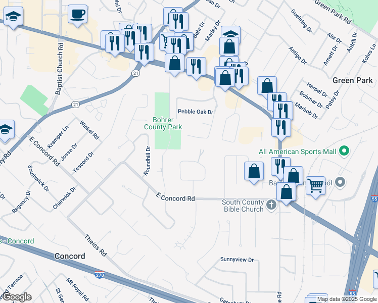 map of restaurants, bars, coffee shops, grocery stores, and more near 35 Dorclin Lane in St. Louis