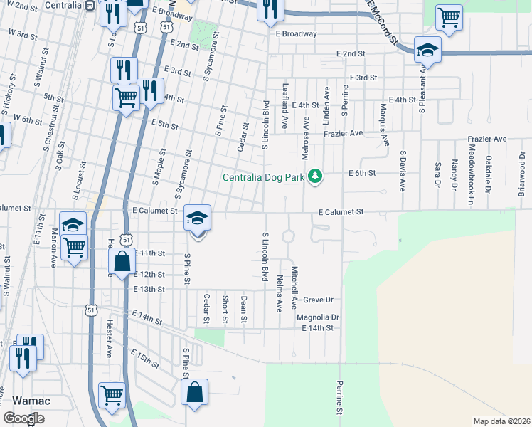 map of restaurants, bars, coffee shops, grocery stores, and more near 801 South Lincoln Boulevard in Centralia