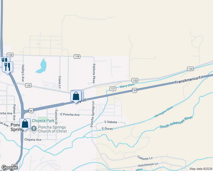 map of restaurants, bars, coffee shops, grocery stores, and more near 6801 County Road 127 in Salida