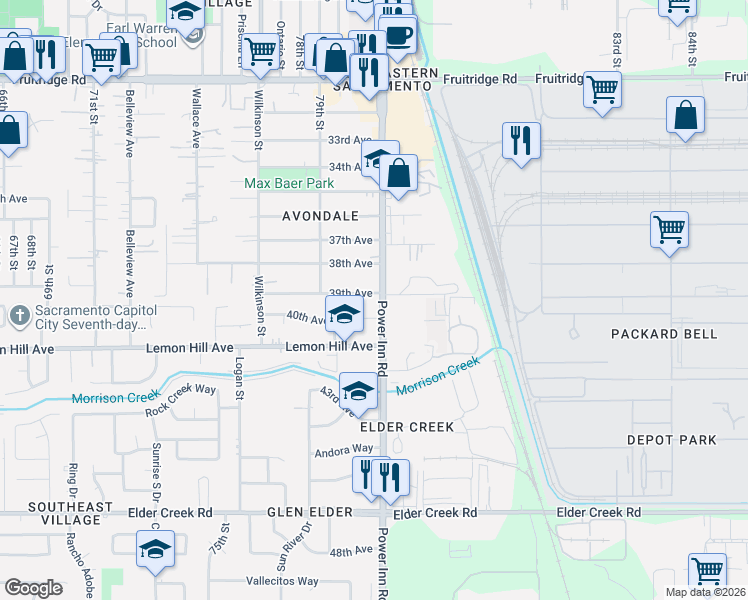 map of restaurants, bars, coffee shops, grocery stores, and more near 16 Denwil Court in Sacramento
