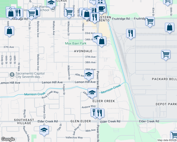 map of restaurants, bars, coffee shops, grocery stores, and more near 7773 40th Avenue in Sacramento