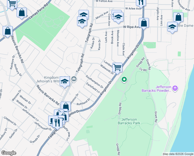 map of restaurants, bars, coffee shops, grocery stores, and more near 300 Southampton Drive in St. Louis