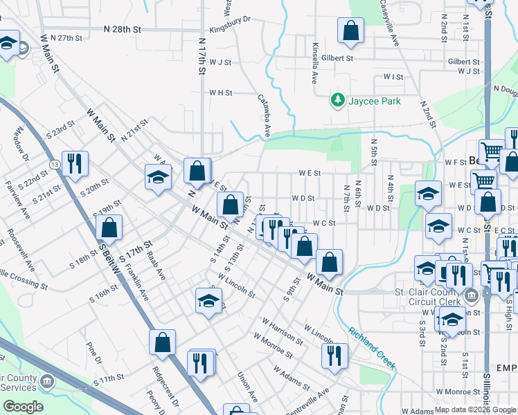 map of restaurants, bars, coffee shops, grocery stores, and more near 209 North 13th Street in Belleville