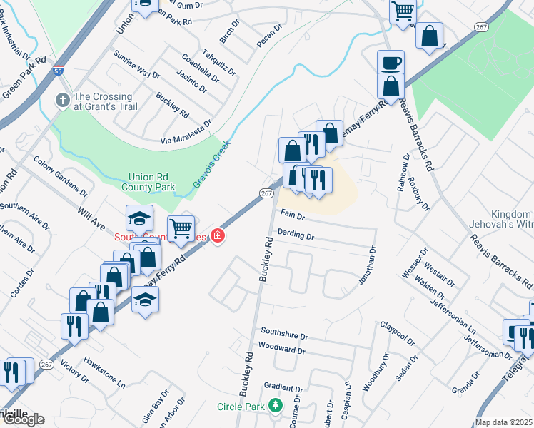 map of restaurants, bars, coffee shops, grocery stores, and more near 2600 Missouri 267 in St. Louis