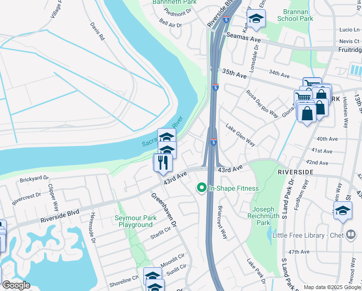 map of restaurants, bars, coffee shops, grocery stores, and more near 29 Rio Viale Court in Sacramento