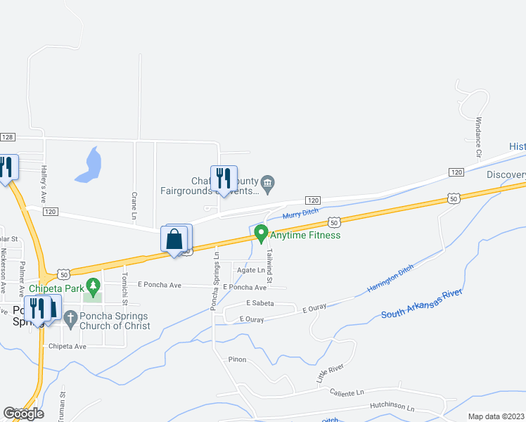 map of restaurants, bars, coffee shops, grocery stores, and more near 10206 County Road 120 in Salida