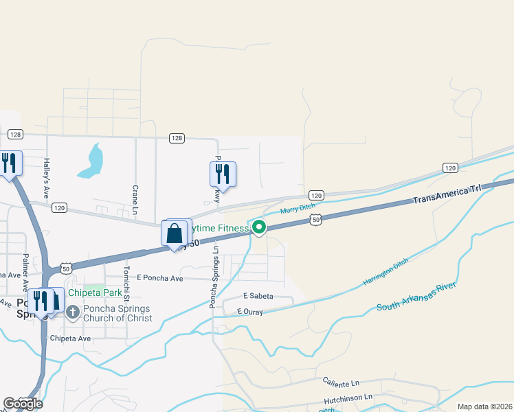 map of restaurants, bars, coffee shops, grocery stores, and more near 10206 County Road 120 in Salida