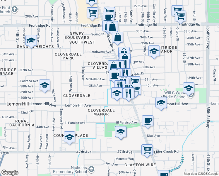 map of restaurants, bars, coffee shops, grocery stores, and more near in Sacramento