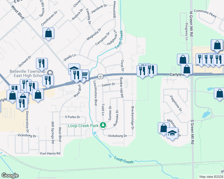 map of restaurants, bars, coffee shops, grocery stores, and more near 1325 Salem Drive in Belleville