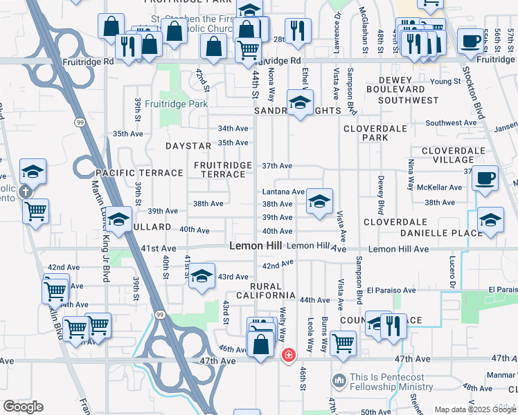 map of restaurants, bars, coffee shops, grocery stores, and more near 4400 38th Avenue in Sacramento