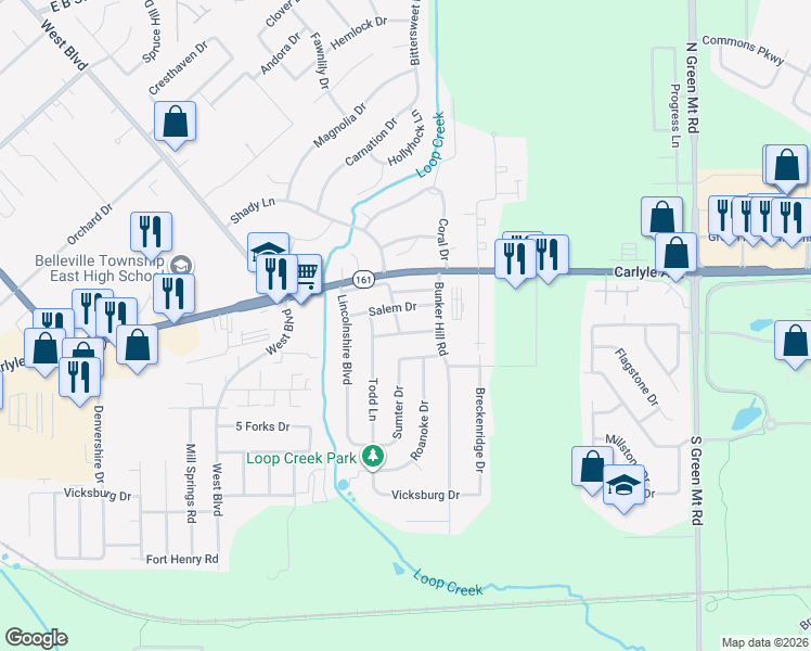 map of restaurants, bars, coffee shops, grocery stores, and more near 1325 Salem Drive in Belleville