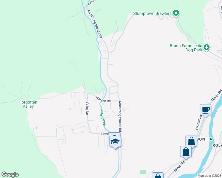 map of restaurants, bars, coffee shops, grocery stores, and more near 16065 Brookdale Drive in Guerneville