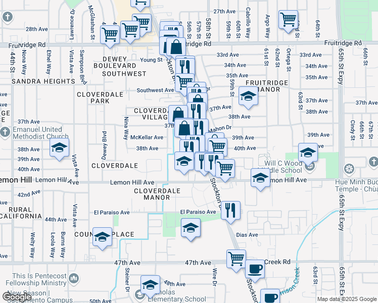 map of restaurants, bars, coffee shops, grocery stores, and more near in Sacramento