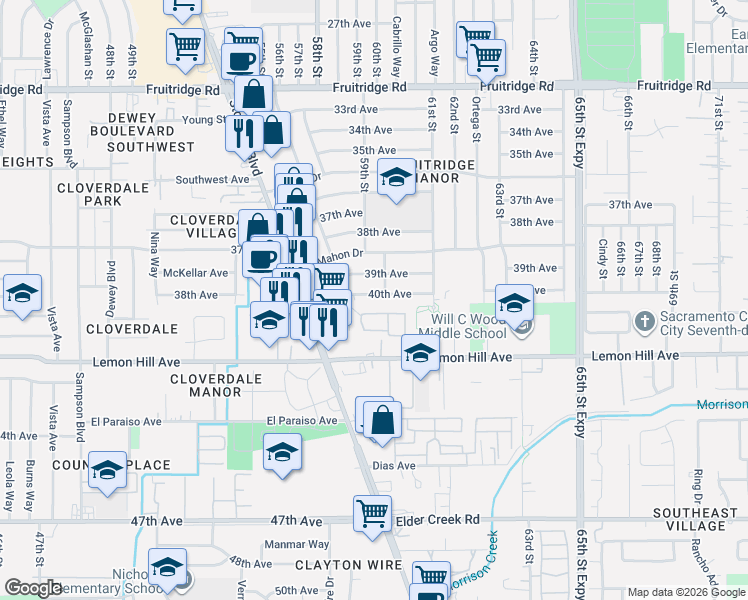 map of restaurants, bars, coffee shops, grocery stores, and more near 5660 40th Avenue in Sacramento