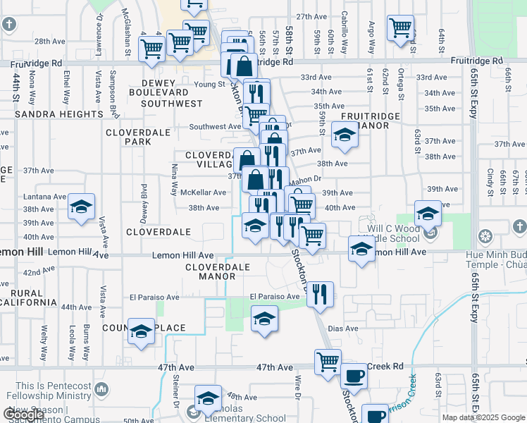 map of restaurants, bars, coffee shops, grocery stores, and more near 5972 Stockton Boulevard in Sacramento