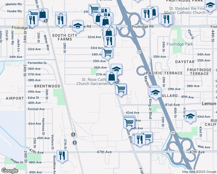 map of restaurants, bars, coffee shops, grocery stores, and more near 3271 38th Avenue in Sacramento