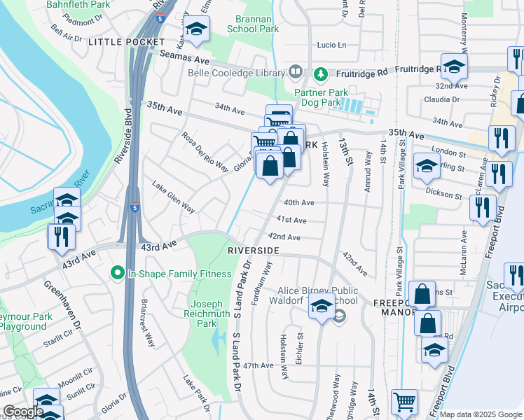 map of restaurants, bars, coffee shops, grocery stores, and more near 5982 South Land Park Drive in Sacramento