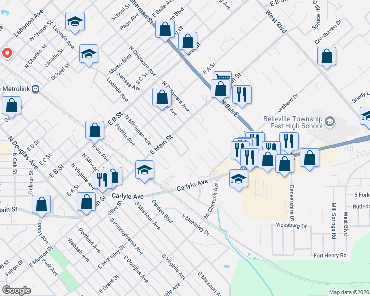 map of restaurants, bars, coffee shops, grocery stores, and more near 11 South Indiana Avenue in Belleville