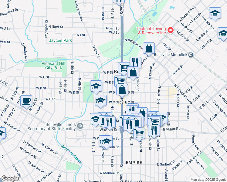 map of restaurants, bars, coffee shops, grocery stores, and more near 423 North Illinois Street in Belleville