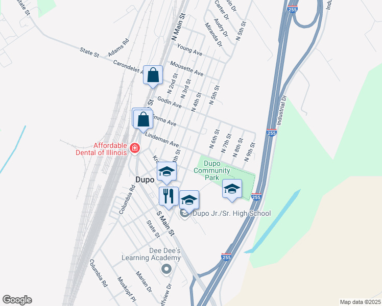 map of restaurants, bars, coffee shops, grocery stores, and more near 101 South 5th Street in Dupo