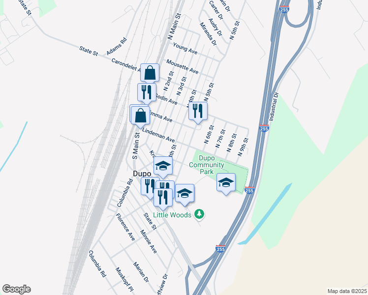 map of restaurants, bars, coffee shops, grocery stores, and more near 104 North 4th Street in Dupo