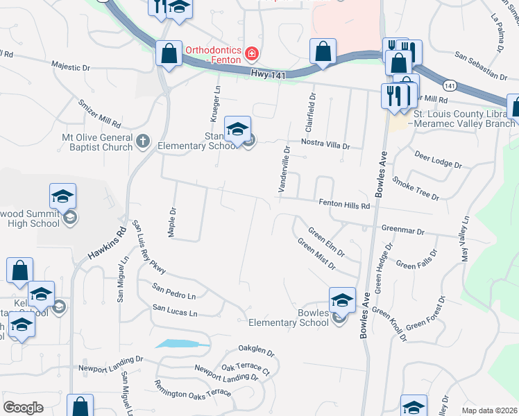 map of restaurants, bars, coffee shops, grocery stores, and more near 1511 Fenton Hills Road in Fenton