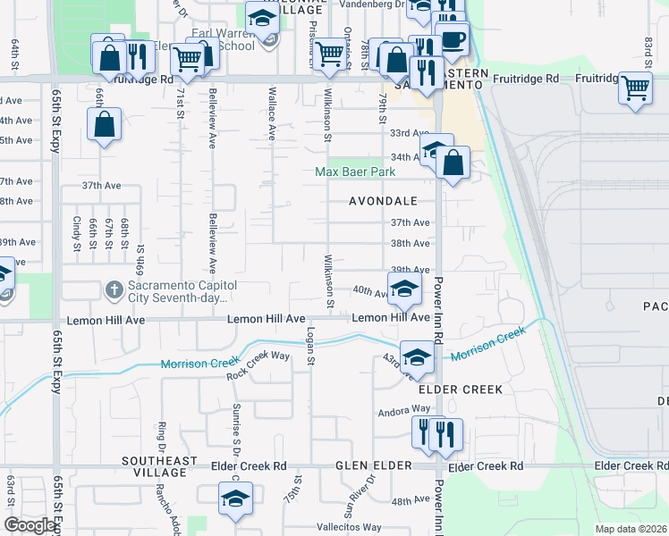 map of restaurants, bars, coffee shops, grocery stores, and more near 7701 39th Avenue in Sacramento