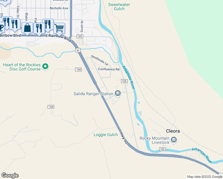 map of restaurants, bars, coffee shops, grocery stores, and more near 6953 County Road 105 in Salida