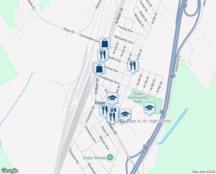 map of restaurants, bars, coffee shops, grocery stores, and more near 100 South 3rd Street in Dupo