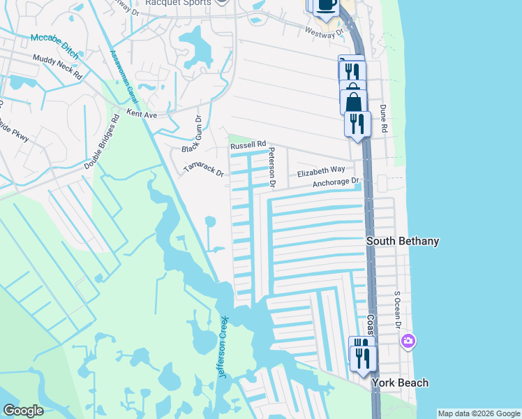 map of restaurants, bars, coffee shops, grocery stores, and more near 204 Anchorage Drive in Bethany Beach