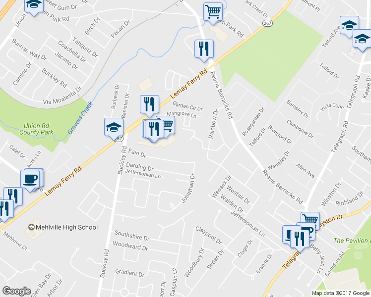 map of restaurants, bars, coffee shops, grocery stores, and more near 2555 Brush Court in St. Louis