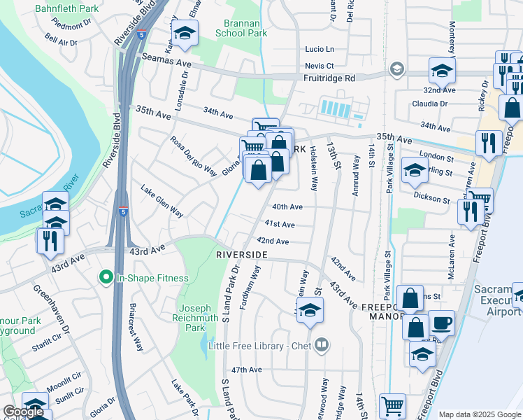 map of restaurants, bars, coffee shops, grocery stores, and more near 5982 South Land Park Drive in Sacramento