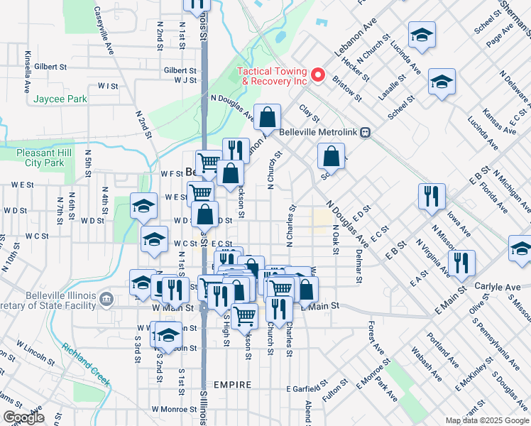map of restaurants, bars, coffee shops, grocery stores, and more near 314 East E Street in Belleville