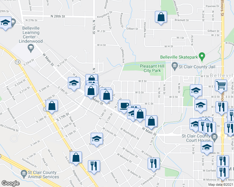 map of restaurants, bars, coffee shops, grocery stores, and more near 209 North 13th Street in Belleville