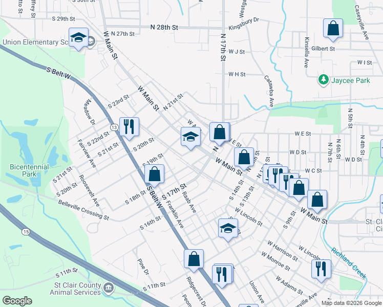 map of restaurants, bars, coffee shops, grocery stores, and more near 1722 West Main Street in Belleville
