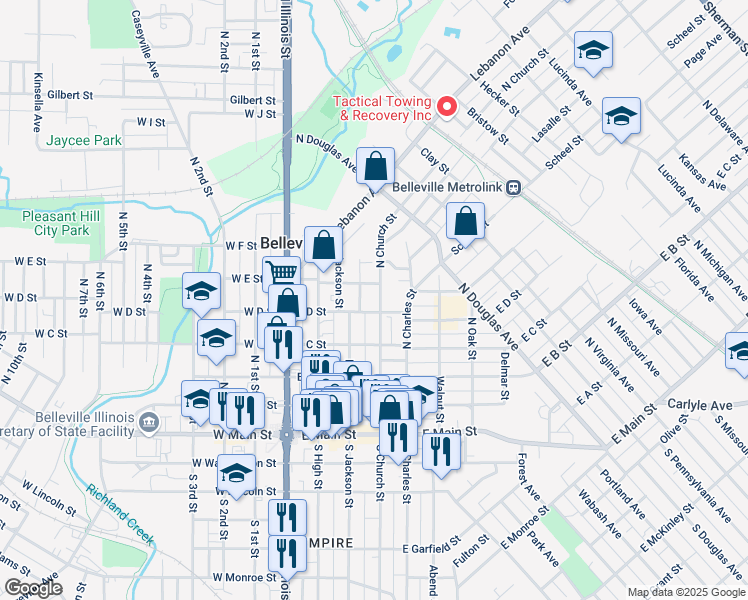 map of restaurants, bars, coffee shops, grocery stores, and more near 314 East E Street in Belleville
