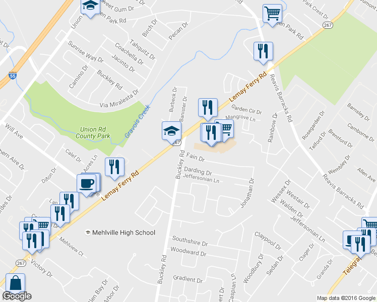 map of restaurants, bars, coffee shops, grocery stores, and more near 1267 Fain Dr in St Louis