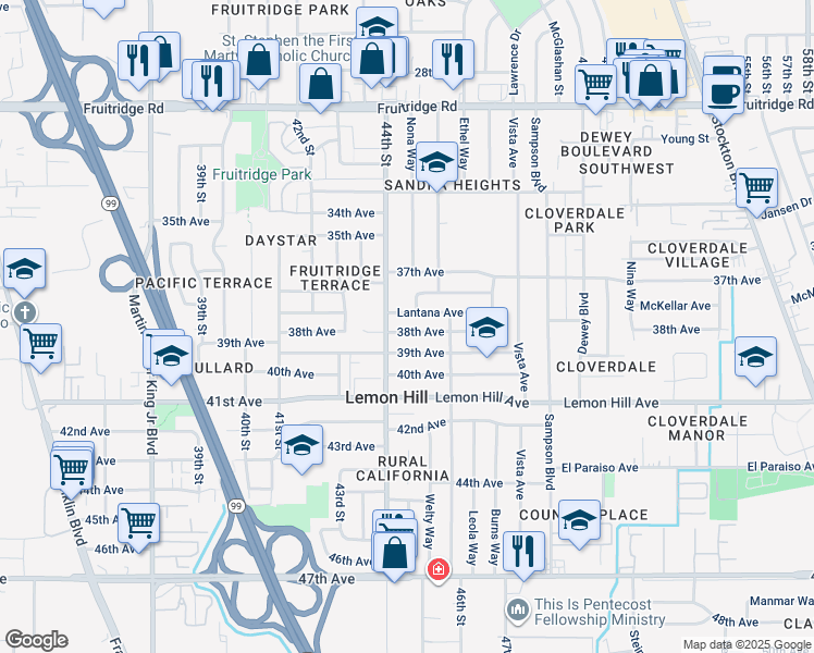 map of restaurants, bars, coffee shops, grocery stores, and more near 4413 38th Avenue in Sacramento