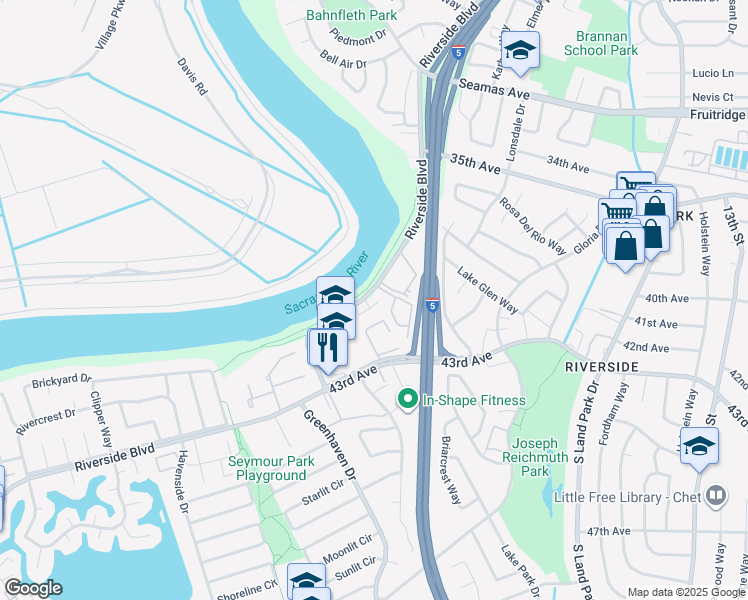 map of restaurants, bars, coffee shops, grocery stores, and more near 29 Rio Viale Court in Sacramento