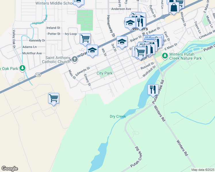 map of restaurants, bars, coffee shops, grocery stores, and more near 413 1/2 Russell Street in Winters