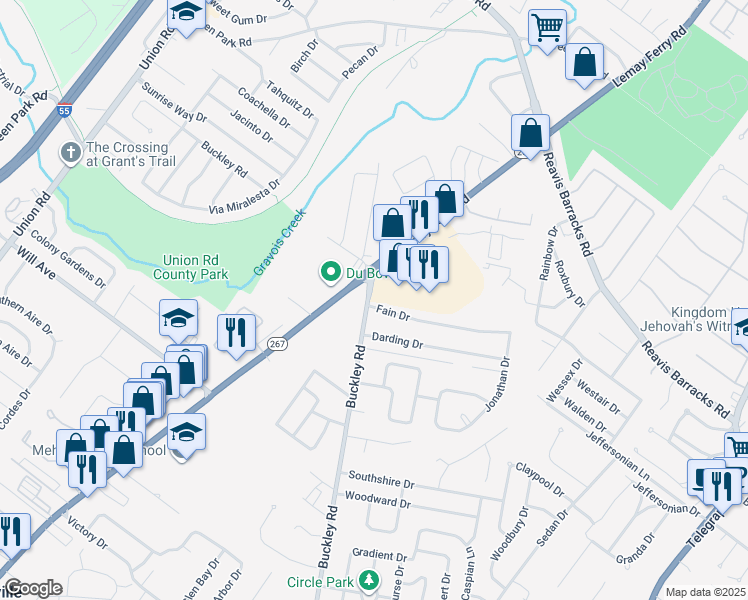 map of restaurants, bars, coffee shops, grocery stores, and more near 1267 Fain Drive in St. Louis
