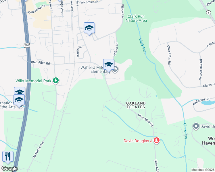 map of restaurants, bars, coffee shops, grocery stores, and more near 6960 Glen Albin Road in La Plata