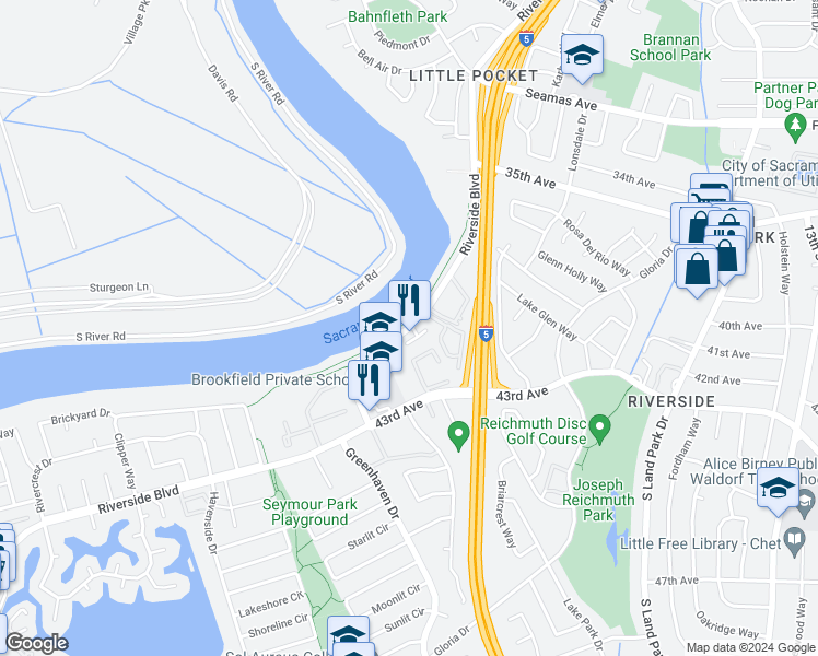 map of restaurants, bars, coffee shops, grocery stores, and more near 5900 Riverside Boulevard in Sacramento