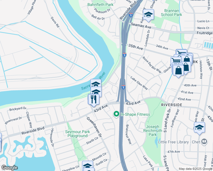 map of restaurants, bars, coffee shops, grocery stores, and more near 29 Rio Viale Court in Sacramento