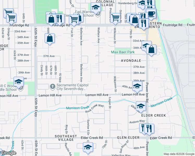 map of restaurants, bars, coffee shops, grocery stores, and more near 7440 38th Avenue in Sacramento