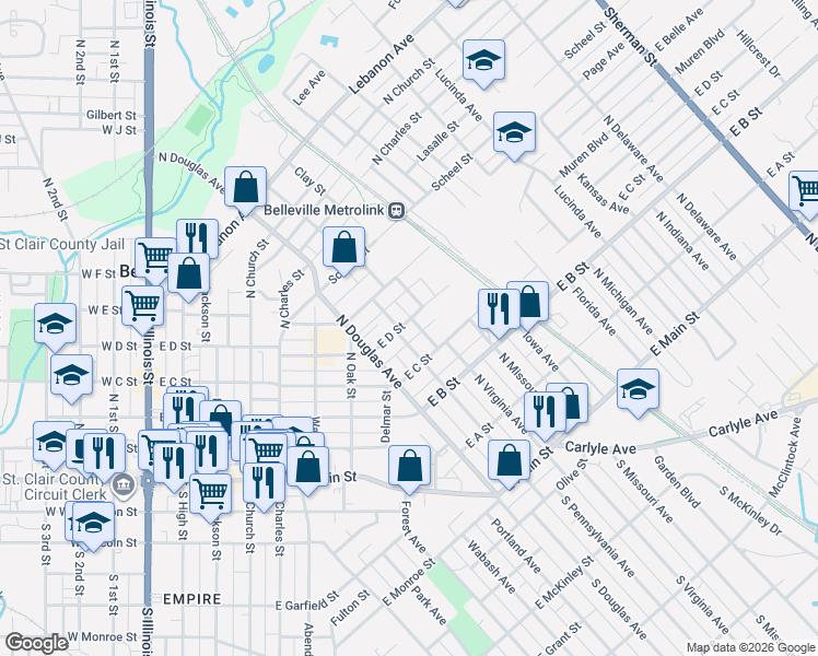 map of restaurants, bars, coffee shops, grocery stores, and more near 400 North Pennsylvania Avenue in Belleville