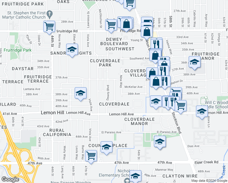 map of restaurants, bars, coffee shops, grocery stores, and more near 5934 Clover Manor Way in Sacramento