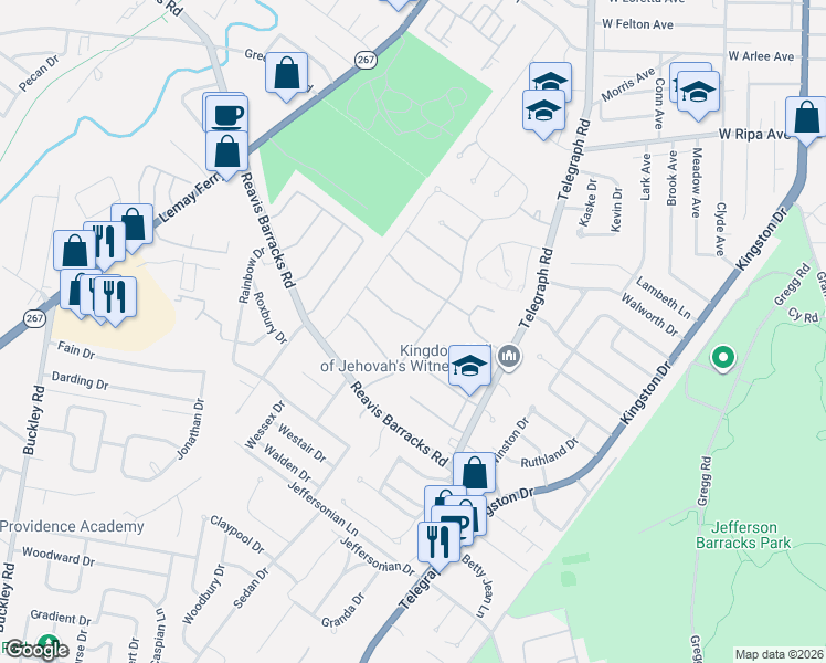 map of restaurants, bars, coffee shops, grocery stores, and more near 800 Brentford Drive in St. Louis