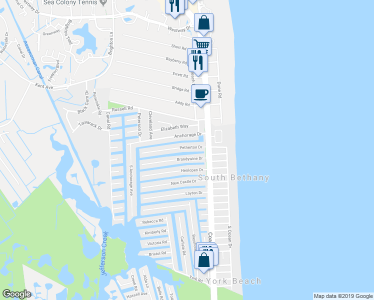 map of restaurants, bars, coffee shops, grocery stores, and more near 116 Petherton Drive in Bethany Beach